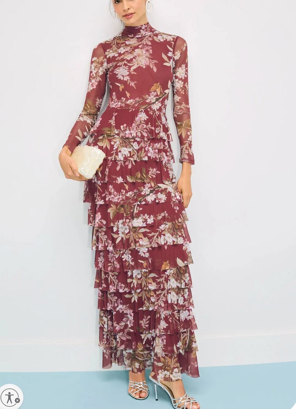 PatBo Burgundy Floral Mesh Gown SIZE 10 Ruffle Maxi Dress Party Designer $725